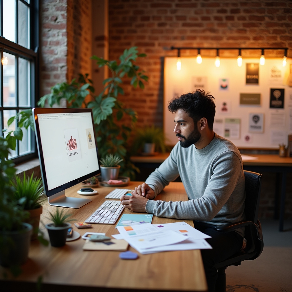 Small business owner designing a brand kit for their pet care company at a wooden desk