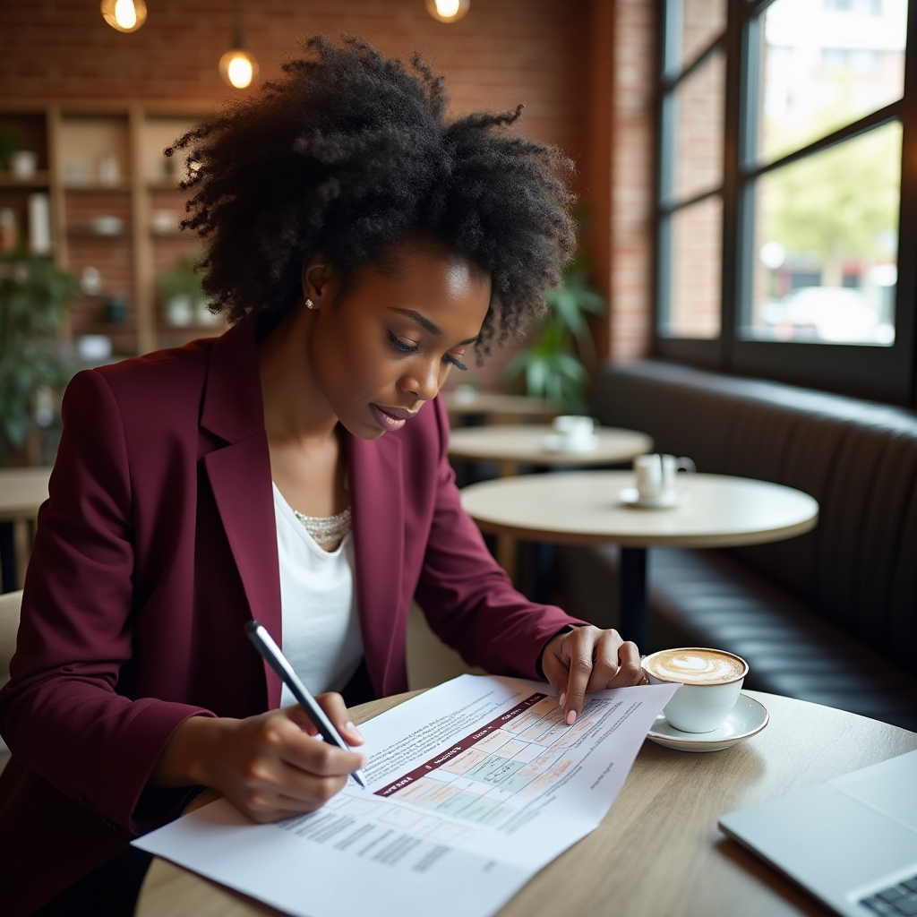 Business owner reviewing a printed pricing tier sheet at a coffee shop, pen in hand