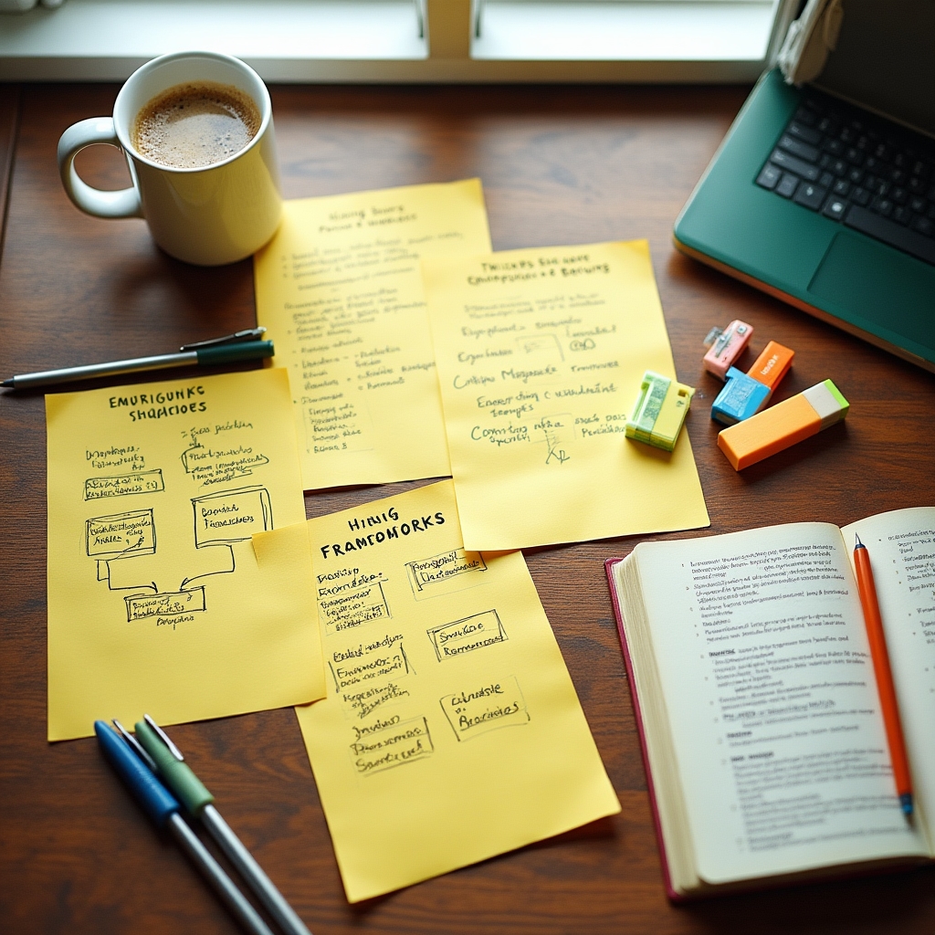 Curriculum development notes and diagrams spread on a desk, with a coffee cup and pen