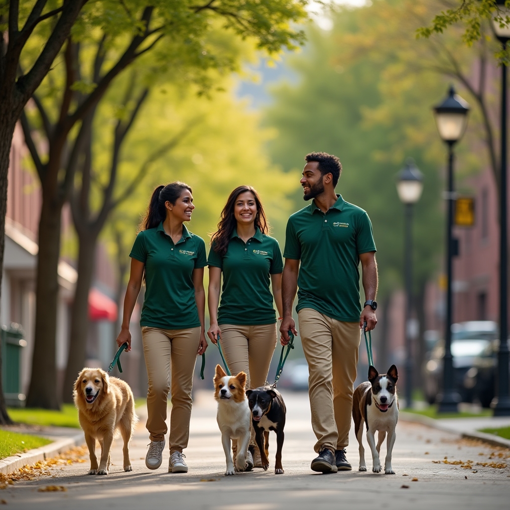 Professional dog walking team on a Denver street with multiple dogs